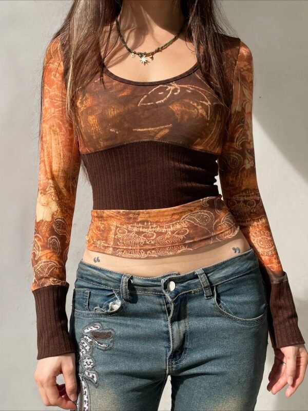 Retro Patchwork Mesh See-Through Slim Square Collar Long Sleeve Knit Top