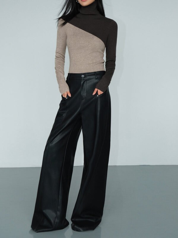 Asymmetric Patchwork Long Sleeve Modern Mock Neck Knit Top - Image 4