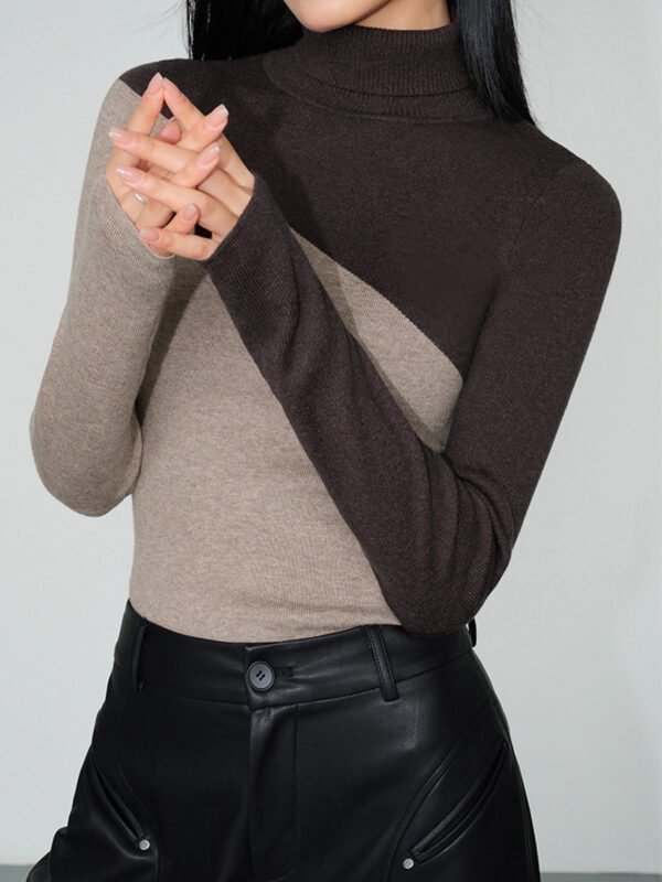 Asymmetric Patchwork Long Sleeve Modern Mock Neck Knit Top - Image 5