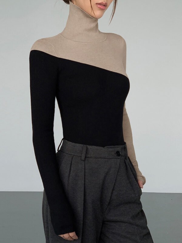 Asymmetric Patchwork Long Sleeve Modern Mock Neck Knit Top - Image 7