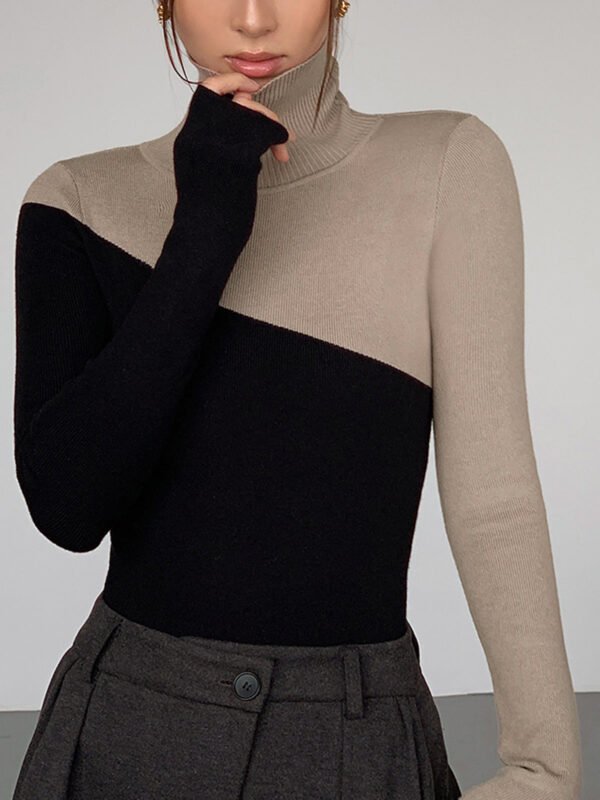 Asymmetric Patchwork Long Sleeve Modern Mock Neck Knit Top - Image 6