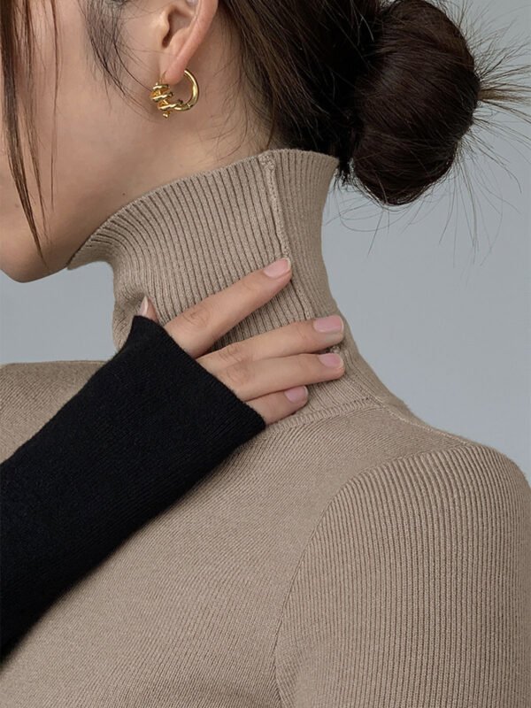 Asymmetric Patchwork Long Sleeve Modern Mock Neck Knit Top - Image 8