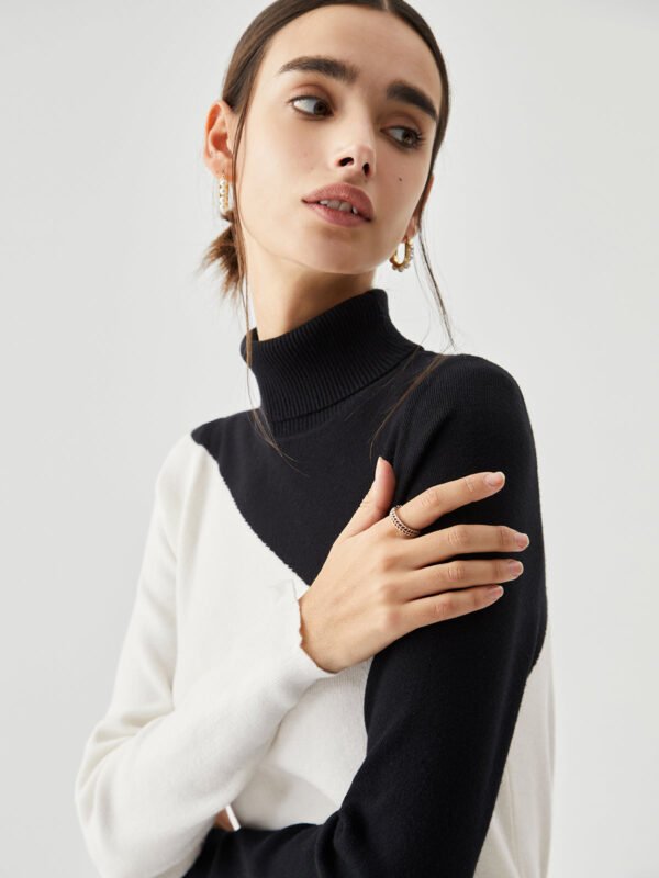 Asymmetric Patchwork Long Sleeve Modern Mock Neck Knit Top - Image 14