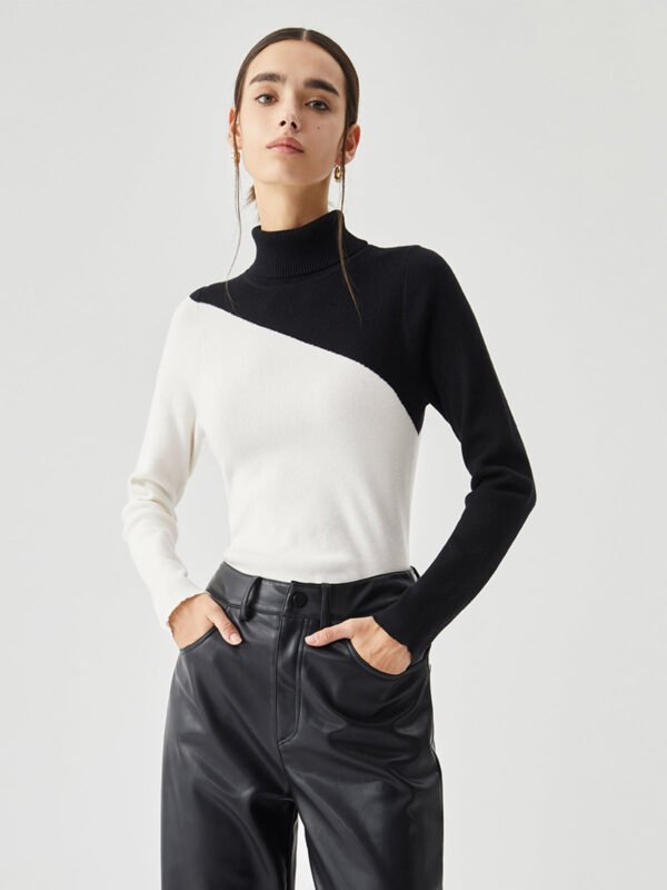 Asymmetric Patchwork Long Sleeve Modern Mock Neck Knit Top - Image 13