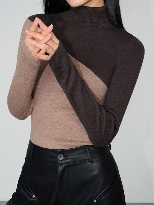 Asymmetric Patchwork Long Sleeve Modern Mock Neck Knit Top - Image 10