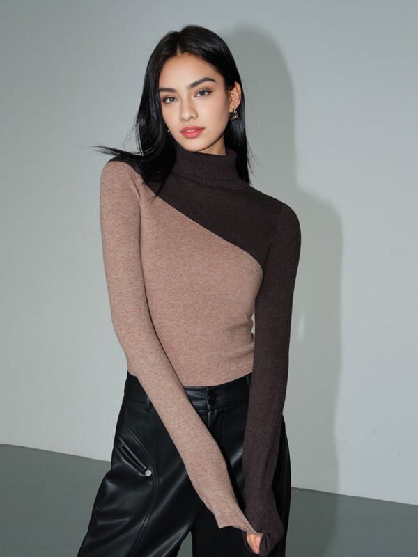 Asymmetric Patchwork Long Sleeve Modern Mock Neck Knit Top - Image 9