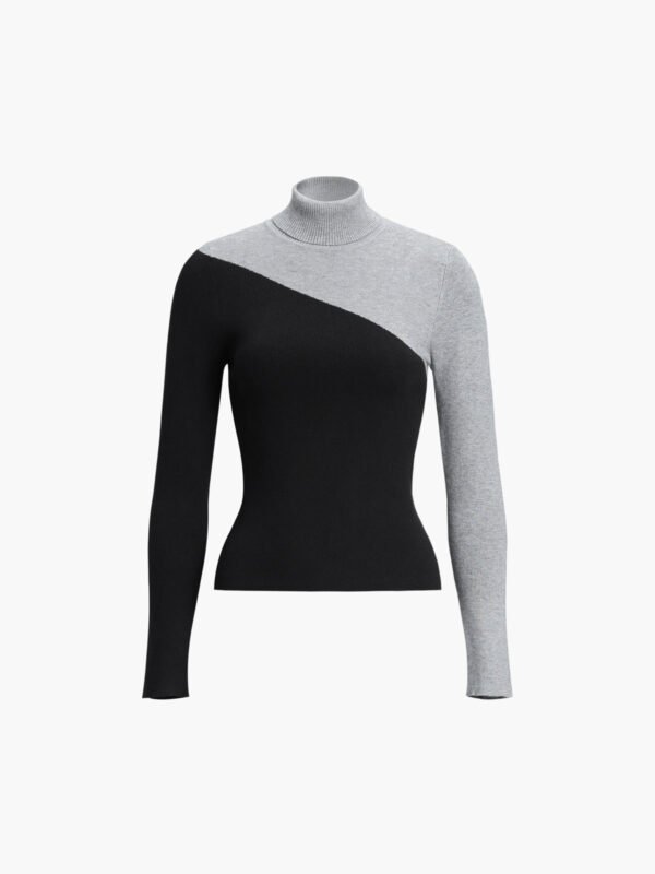 Asymmetric Patchwork Long Sleeve Modern Mock Neck Knit Top - Image 11