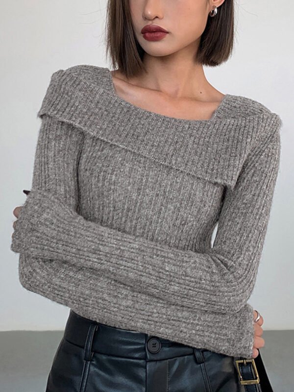 Asymmetric Overfold Square Neck Modern Long Sleeve Knit Top - Image 2