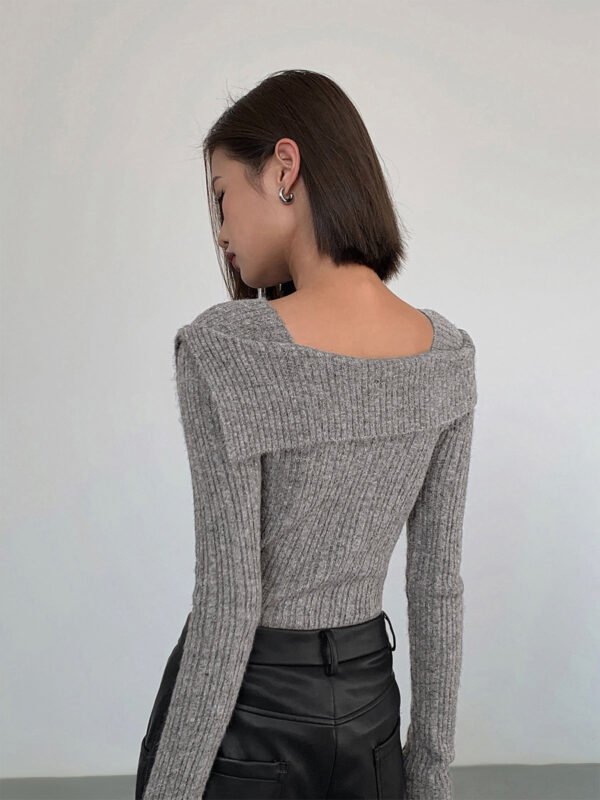 Asymmetric Overfold Square Neck Modern Long Sleeve Knit Top - Image 3