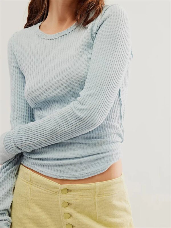 Solid Color Slim Fit Ruched Long Sleeve Basic T-Shirts - Image 4