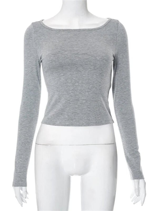 Solid Round Neck Spring Fall Backless Long Sleeve Drawstring T-Shirts - Image 3