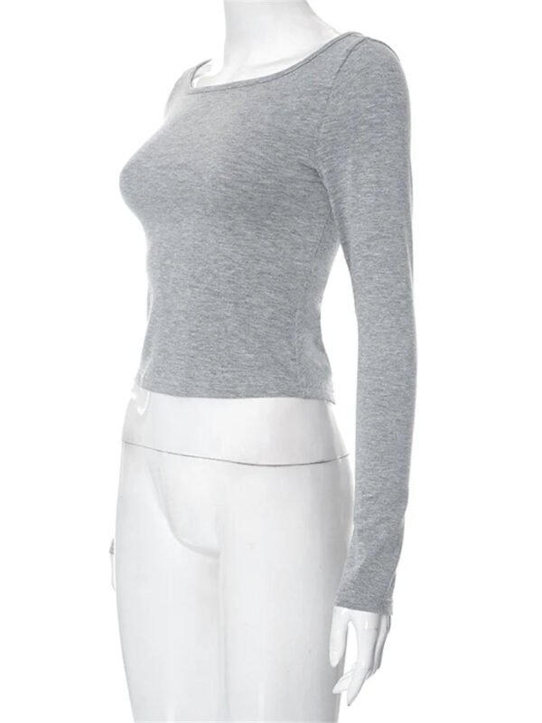 Solid Round Neck Spring Fall Backless Long Sleeve Drawstring T-Shirts - Image 4