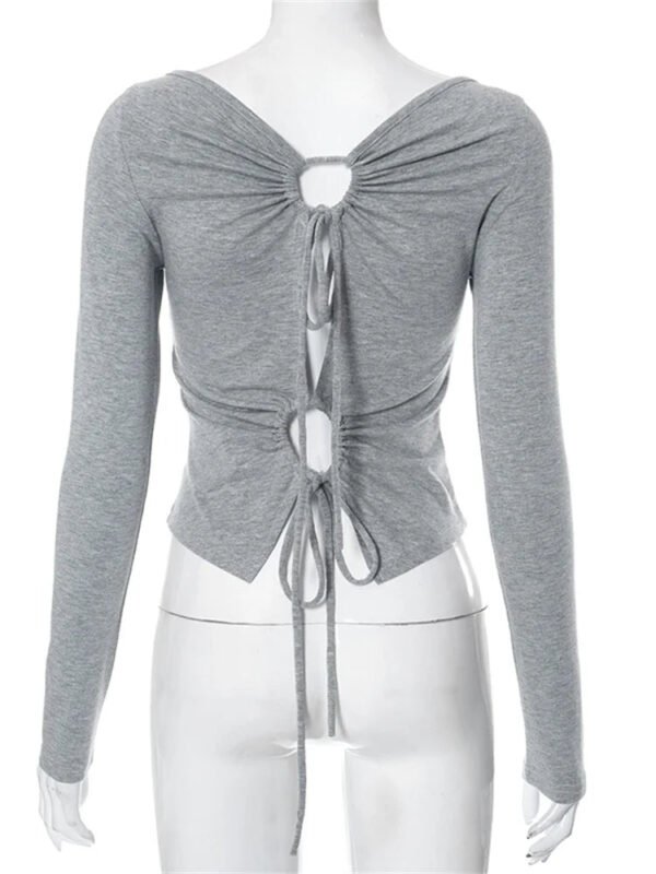 Solid Round Neck Spring Fall Backless Long Sleeve Drawstring T-Shirts - Image 5