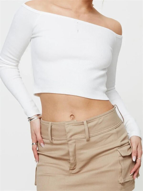 Long Sleeve Off-shoulder Solid Slim Fit Ribbed Hollow Out T-Shirts - Image 4