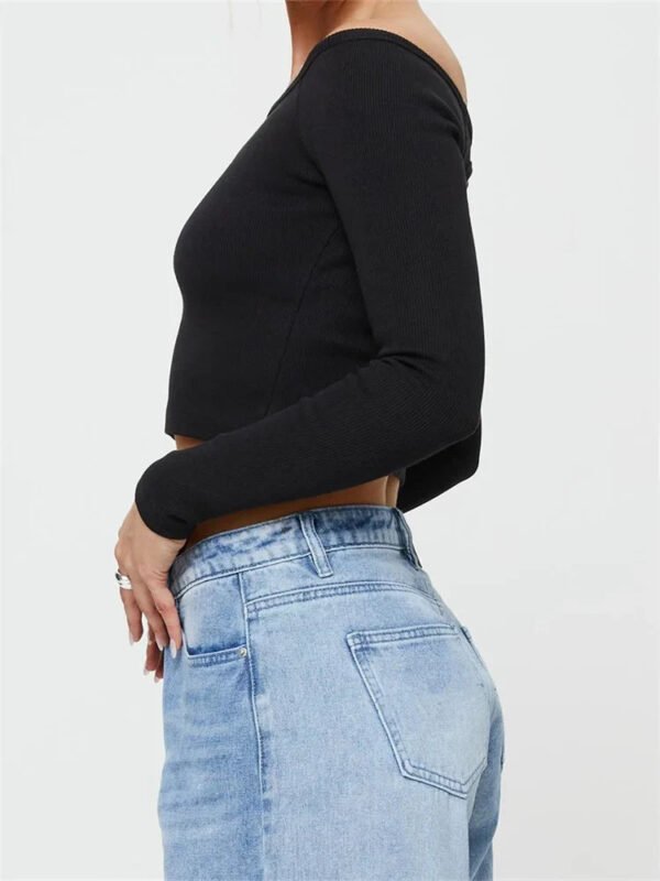 Long Sleeve Off-shoulder Solid Slim Fit Ribbed Hollow Out T-Shirts - Image 2