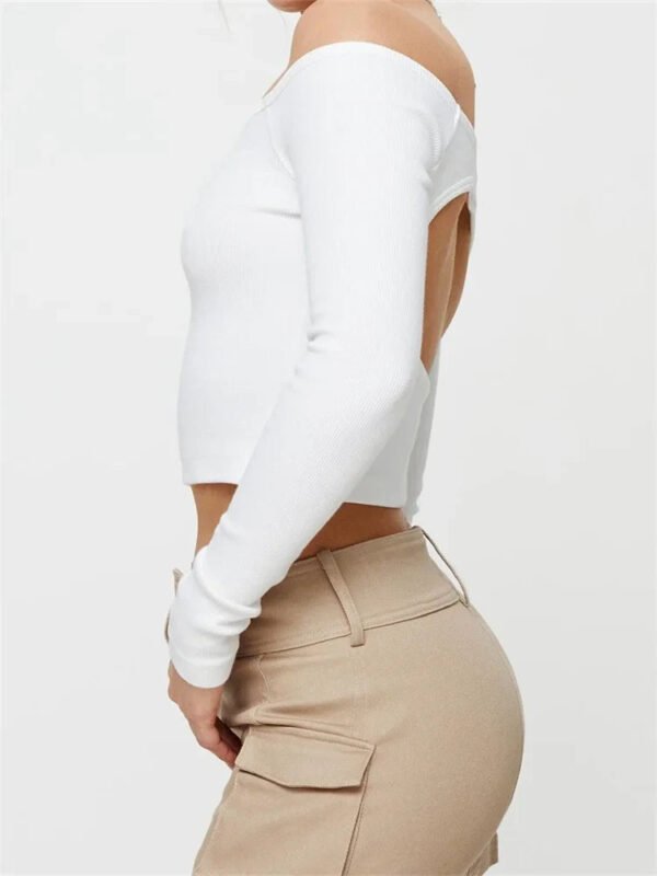 Long Sleeve Off-shoulder Solid Slim Fit Ribbed Hollow Out T-Shirts - Image 5