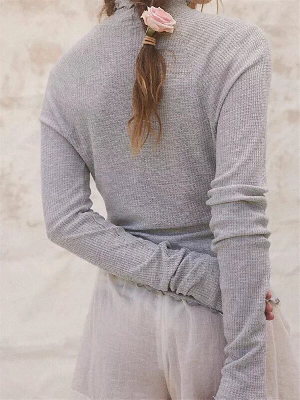 Slim Fit Solid Color Long Sleeve High Neck Casual T-Shirts - Image 5