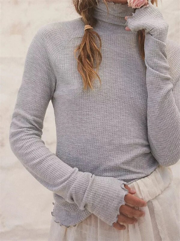 Slim Fit Solid Color Long Sleeve High Neck Casual T-Shirts - Image 4