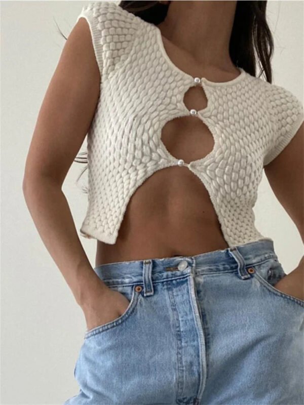 Short Sleeve Ruched O-Neck Buttons Up Y2K Knitted Crop T-shirts - Image 2