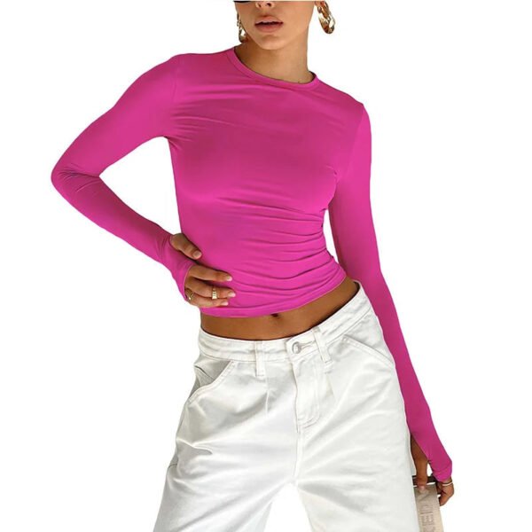 Fashion Crew Neck Slim Fit Long Sleeve Knit Top with Thumb Holes - Image 10