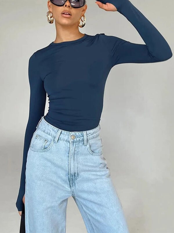 Fashion Crew Neck Slim Fit Long Sleeve Knit Top with Thumb Holes - Image 6