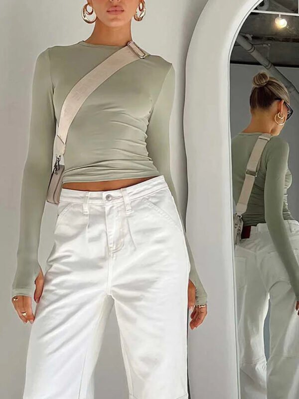 Fashion Crew Neck Slim Fit Long Sleeve Knit Top with Thumb Holes - Image 3