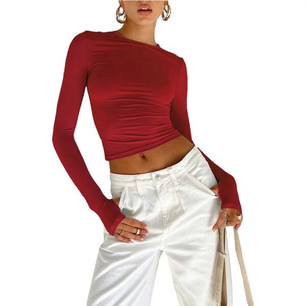 Fashion Crew Neck Slim Fit Long Sleeve Knit Top with Thumb Holes - Image 9