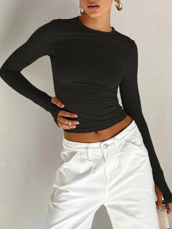 Fashion Crew Neck Slim Fit Long Sleeve Knit Top with Thumb Holes - Image 5