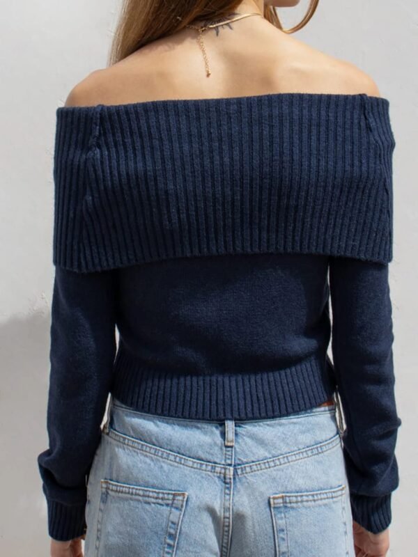 Solid Knitted Slash Neck Basic Long Sleeve Pullover Sweater - Image 4