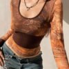 Retro Patchwork Mesh See-Through Slim Square Collar Long Sleeve Knit Top - Image 3