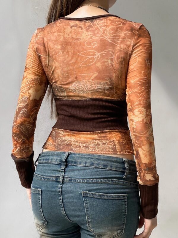 Retro Patchwork Mesh See-Through Slim Square Collar Long Sleeve Knit Top - Image 2