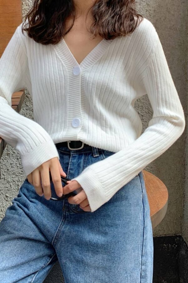 Cardigan Button with Ribbed V-neckline - Image 2