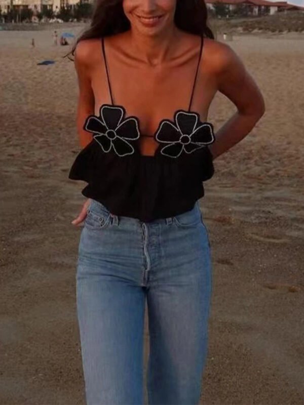 3D Flower Spaghetti Strap Backless Crop Top - Image 3