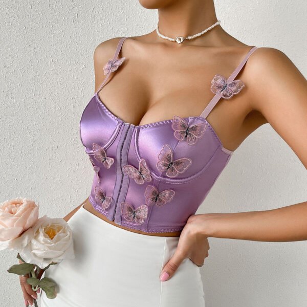 Butterfly Applique Hook and Eye Classic Silky Satin Corset Top - Champagne - Image 2