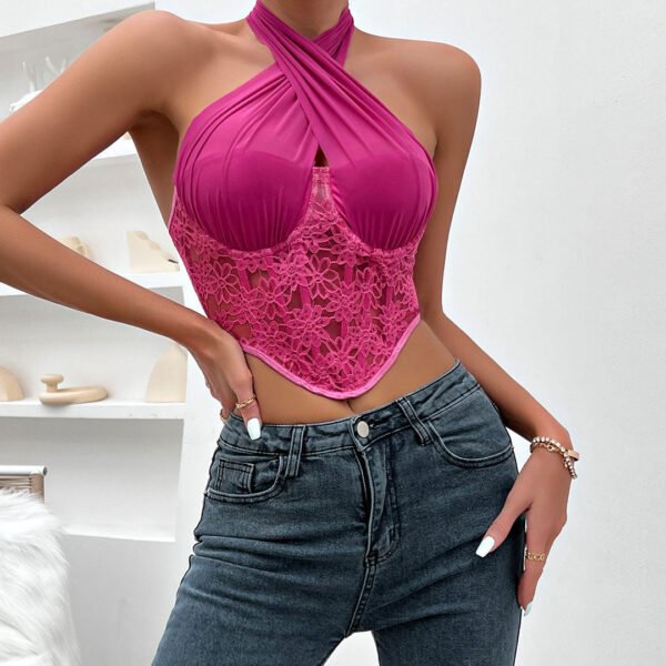 Crossed Halter Neck Lace Floral Classic Mesh Cropped Corset Top - Black