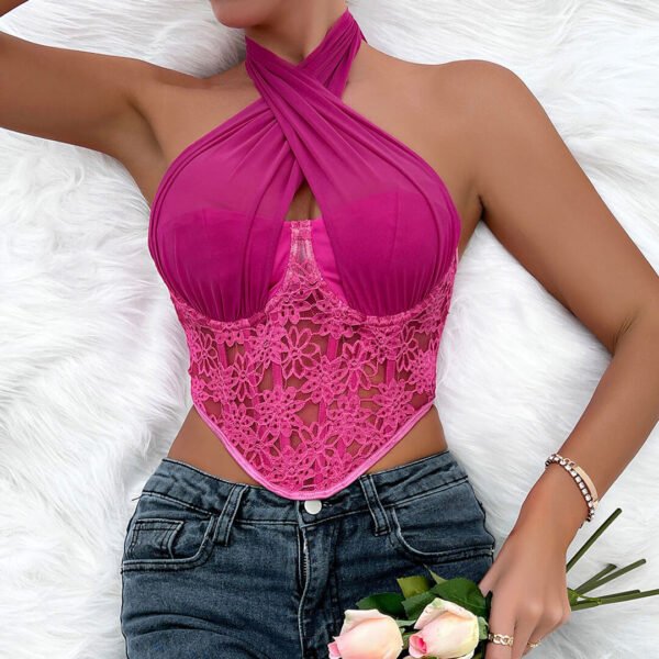 Crossed Halter Neck Lace Floral Classic Mesh Cropped Corset Top - Black - Image 2