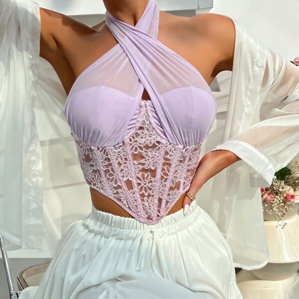 Crossed Halter Neck Lace Floral Classic Mesh Cropped Corset Top - Rose - Image 2